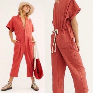 Free People Slouchy Jumpsuit Cotton Red Woven Size S New w/Tag
